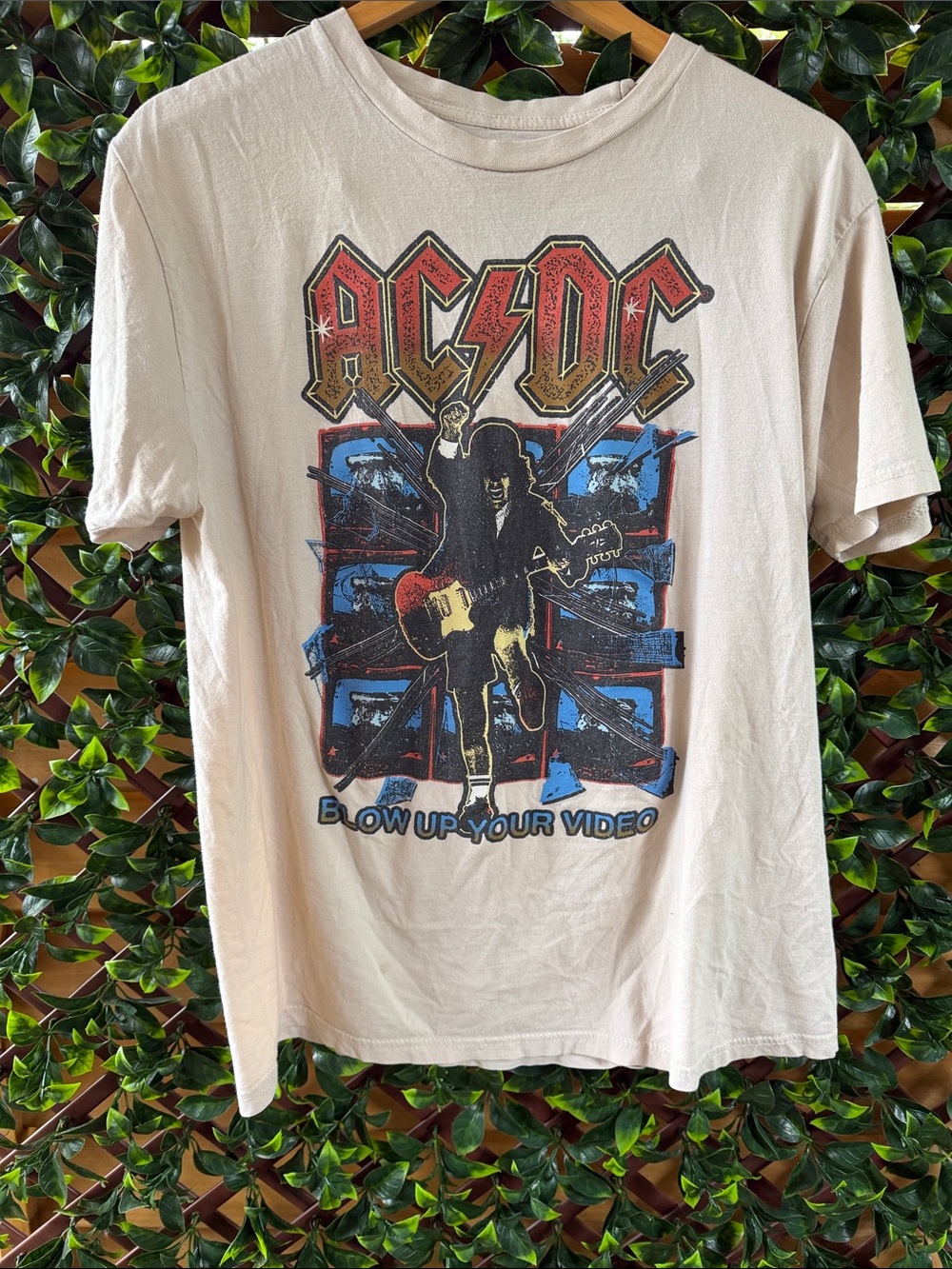 AC/DC Beige Graphic Tee with Red and Blue Band Art